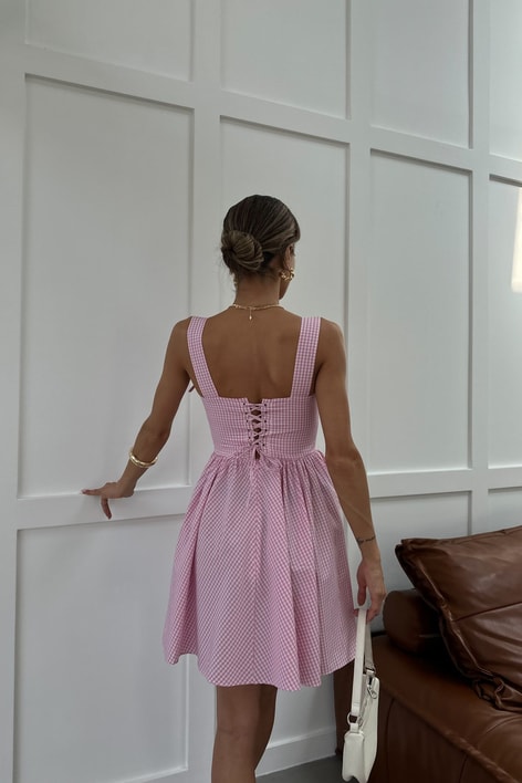 Askılı Pötikare Elbise Pembe ELBİSE