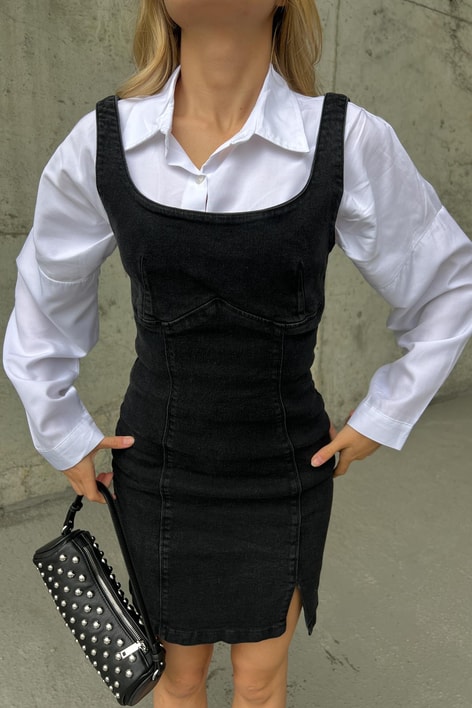Arkası Fermuarlı Mini Denim Elbise Siyah