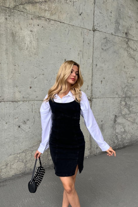 Arkası Fermuarlı Mini Denim Elbise Siyah