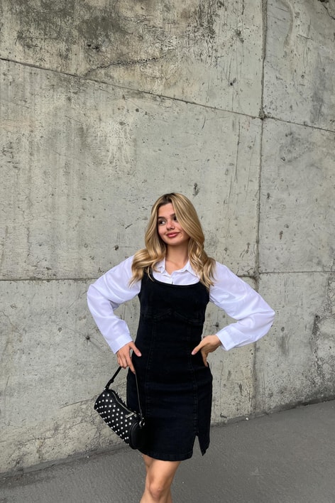 Arkası Fermuarlı Mini Denim Elbise Siyah