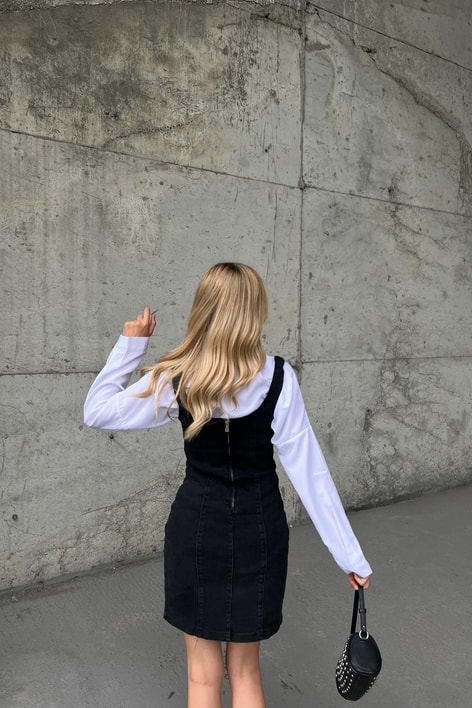 Arkası Fermuarlı Mini Denim Elbise Siyah