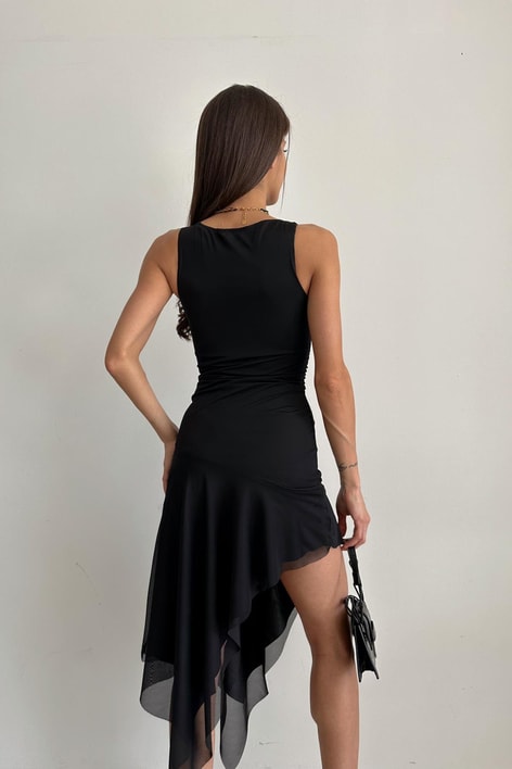 Asimetrik Drapeli Tül Elbise Siyah