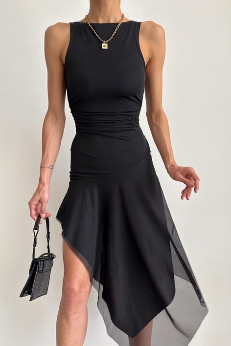 Asimetrik Drapeli Tül Elbise Siyah