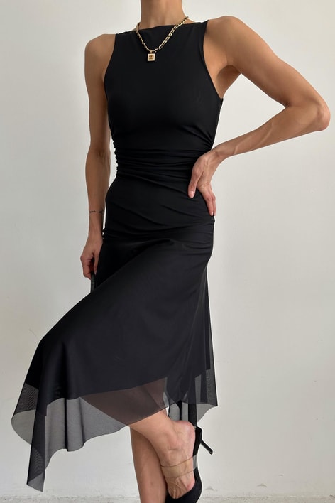 Asimetrik Drapeli Tül Elbise Siyah