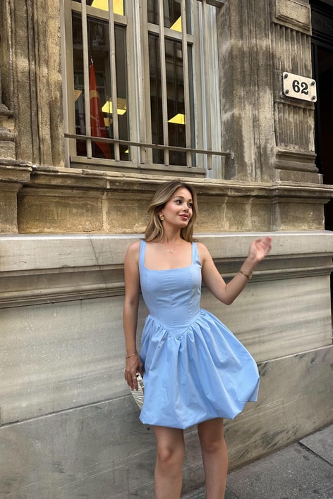 Askılı Balon Mini Elbise Mavi