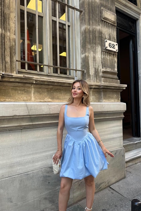 Askılı Balon Mini Elbise Mavi