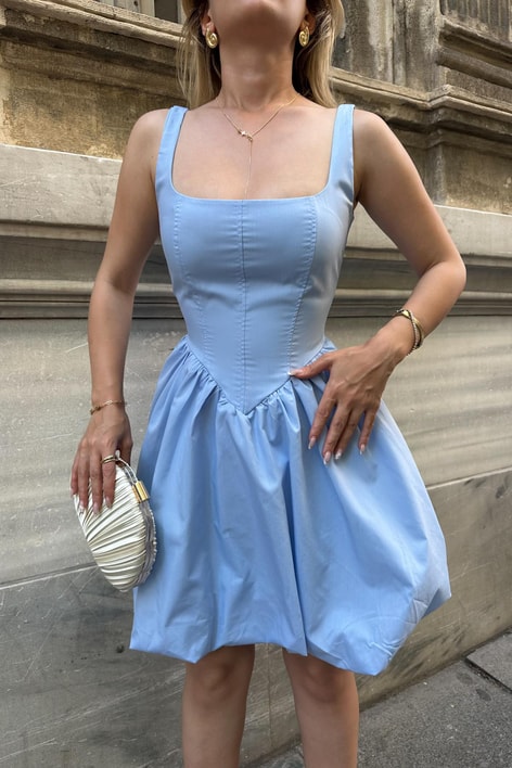 Askılı Balon Mini Elbise Mavi
