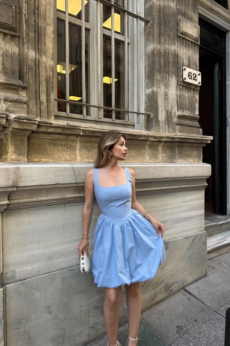 Askılı Balon Mini Elbise Mavi