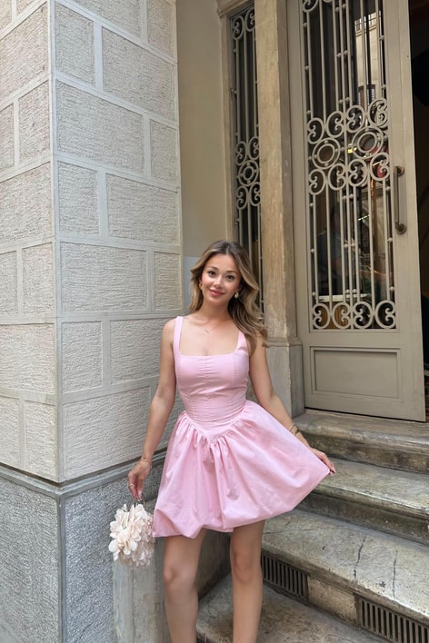 Askılı Balon Mini Elbise Pembe