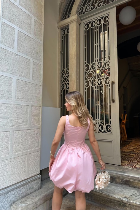 Askılı Balon Mini Elbise Pembe