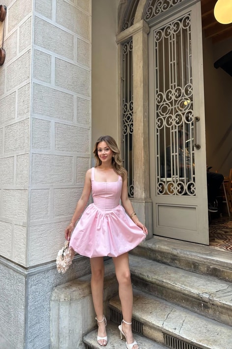 Askılı Balon Mini Elbise Pembe