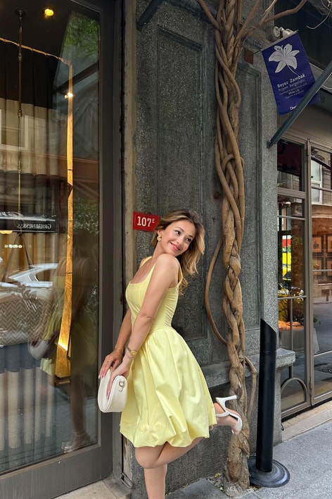 Askılı Balon Mini Elbise Sarı