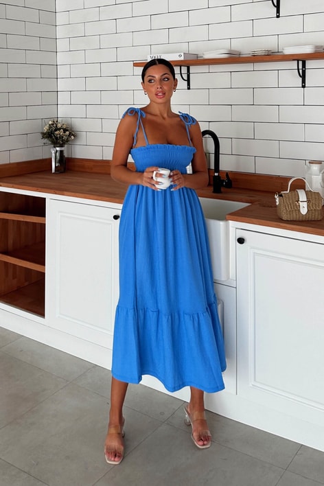 Askılı Candy Uzun Elbise Mavi