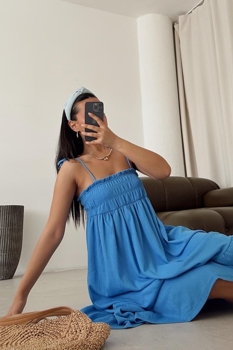 Askılı Candy Uzun Elbise Mavi