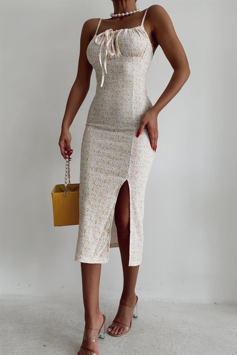 Askılı Çıtır Yırtmaçlı Elbise Sarı