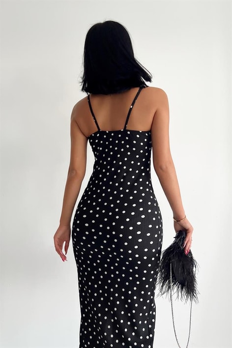 Askılı Çıtır Yırtmaçlı Elbise Siyah