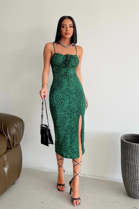 Askılı Çıtır Yırtmaçlı Elbise Yeşil