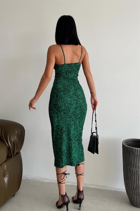 Askılı Çıtır Yırtmaçlı Elbise Yeşil