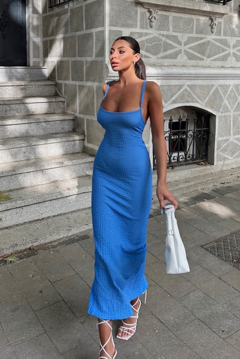 Askılı Gofre Elbise Mavi