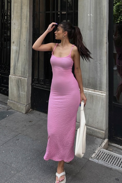 Askılı Gofre Elbise Şeker Pembe
