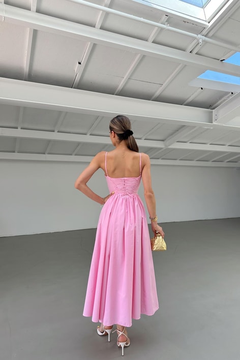 Askılı Korse Detay Midi Elbise Pembe