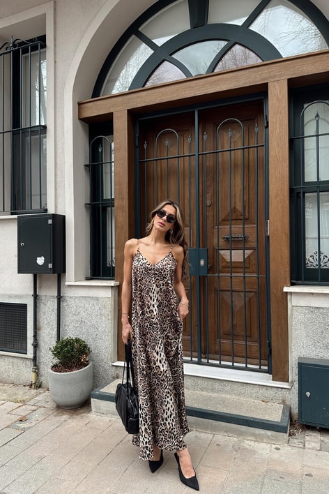 Askılı Leopar Elbise Kahve