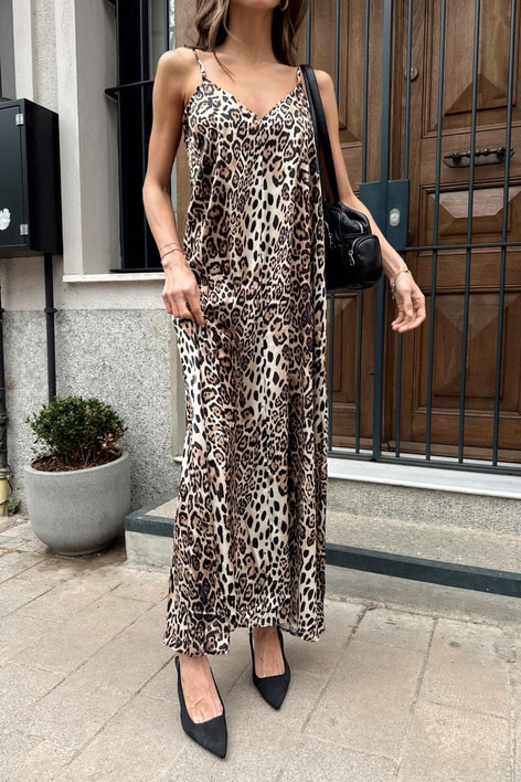 Askılı Leopar Elbise Kahve