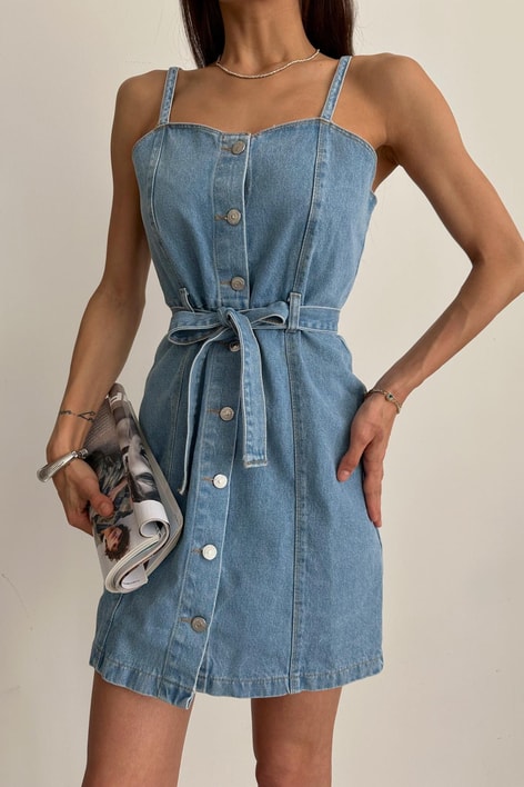 Askılı Mini Denim Elbise Mavi