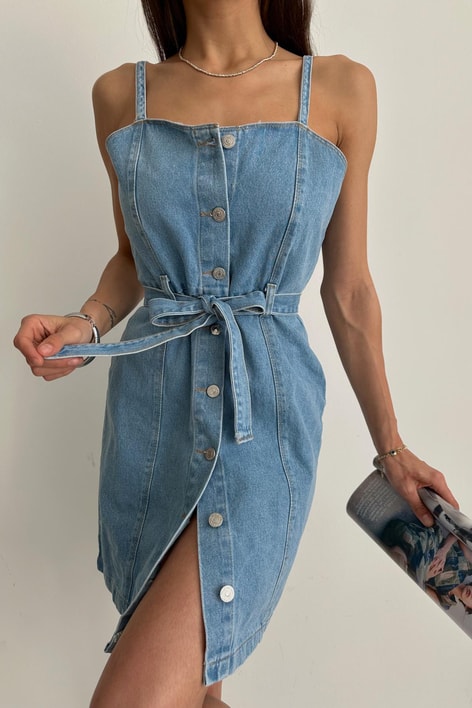 Askılı Mini Denim Elbise Mavi