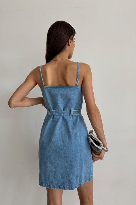Askılı Mini Denim Elbise Mavi