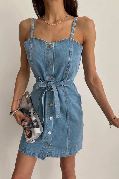 Askılı Mini Denim Elbise Mavi
