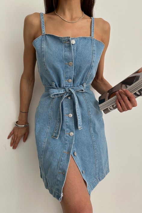 Askılı Mini Denim Elbise Mavi