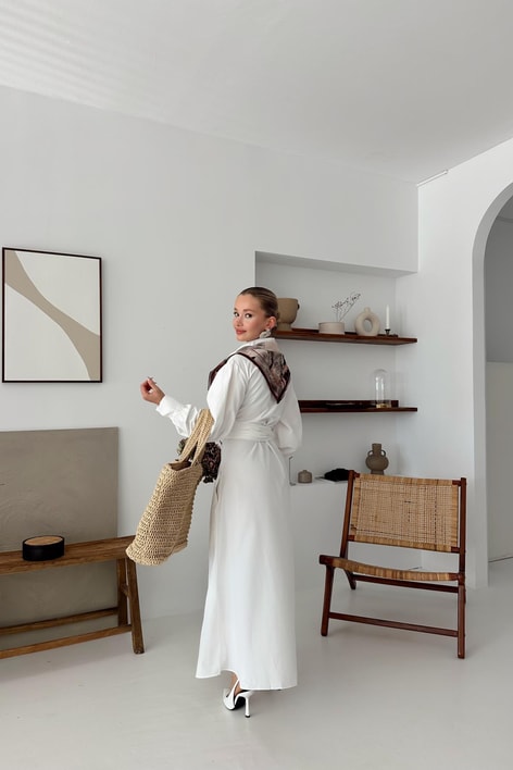 Bağlamalı Poplin Midi Elbise Beyaz