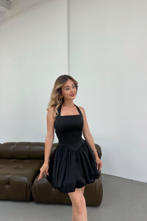 Balon Etekli Mini Saten Elbise Siyah