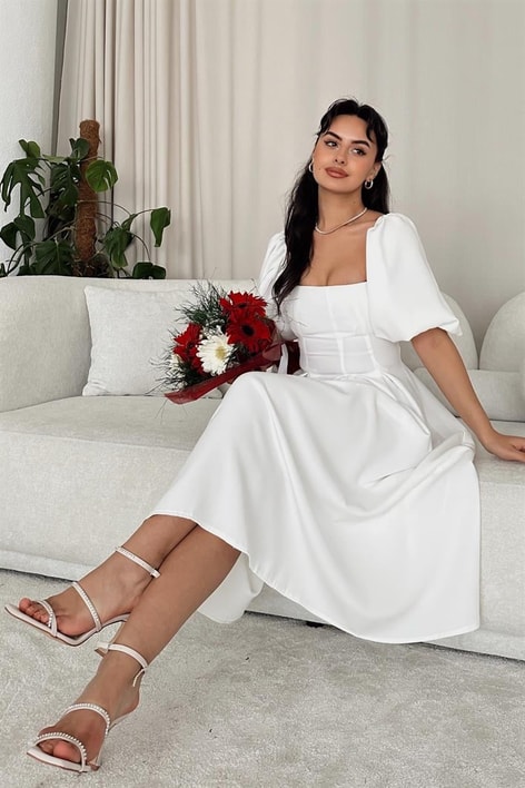 Balon Kollu Prenses Elbise Beyaz