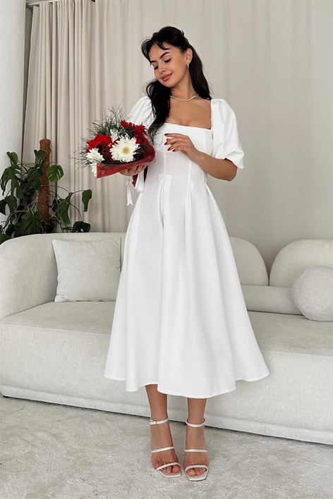 Balon Kollu Prenses Elbise Beyaz