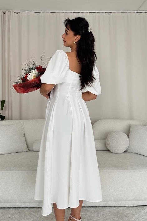 Balon Kollu Prenses Elbise Beyaz