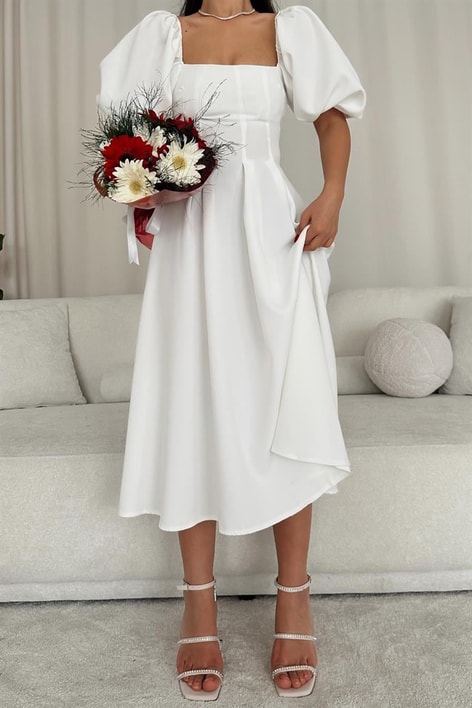 Balon Kollu Prenses Elbise Beyaz