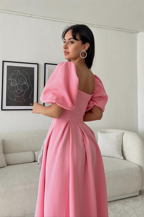 Balon Kollu Prenses Elbise Pembe
