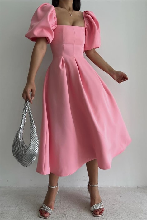 Balon Kollu Prenses Elbise Pembe