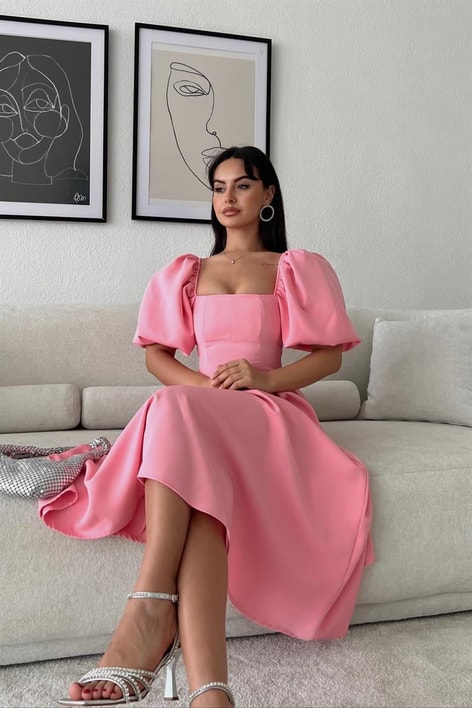 Balon Kollu Prenses Elbise Pembe
