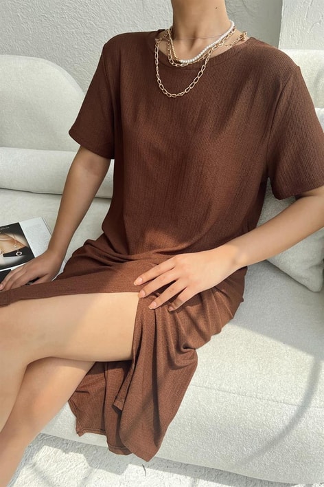 Basic Fitilli Midi Elbise Kahve