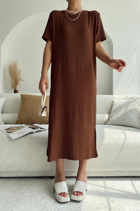 Basic Fitilli Midi Elbise Kahve