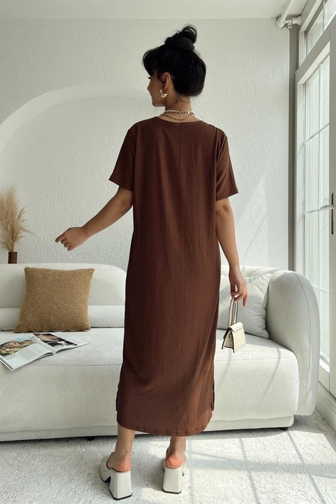 Basic Fitilli Midi Elbise Kahve