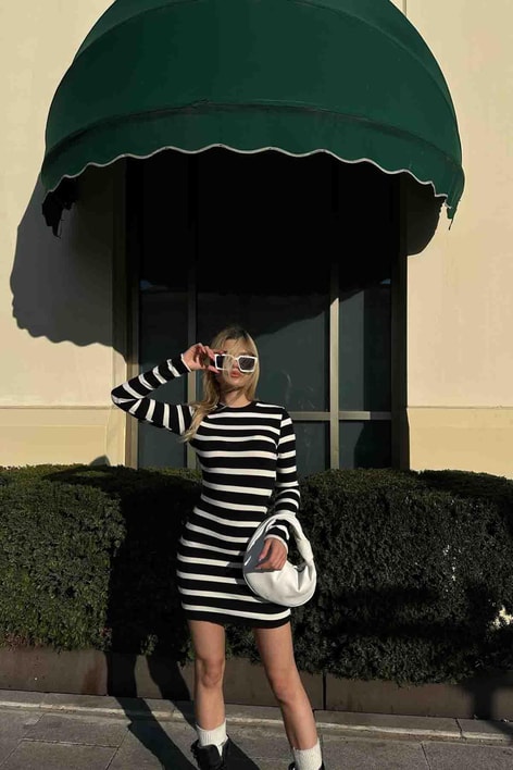 Basic Line Triko Elbise Siyah-Beyaz