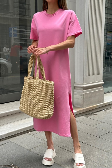 Basic Yanları Yırtmaçlıı Elbise Pembe