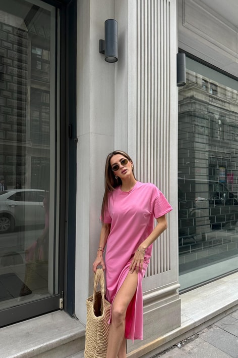 Basic Yanları Yırtmaçlıı Elbise Pembe