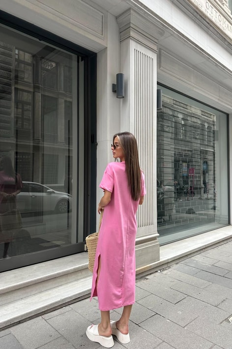 Basic Yanları Yırtmaçlıı Elbise Pembe