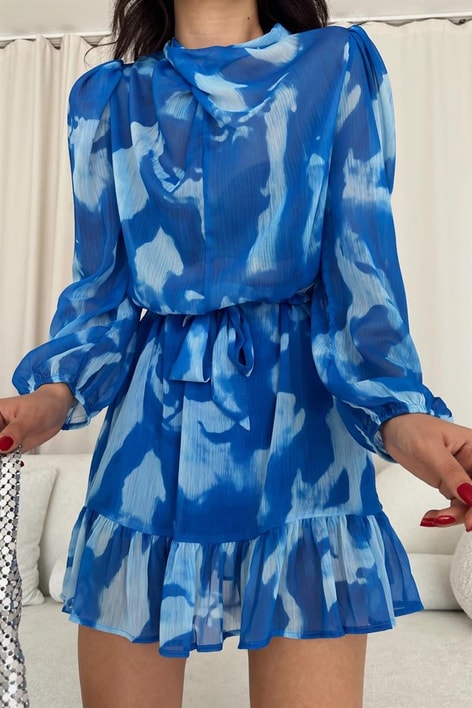 Batik Desen Kuşaklı Elbise Saks Mavisi