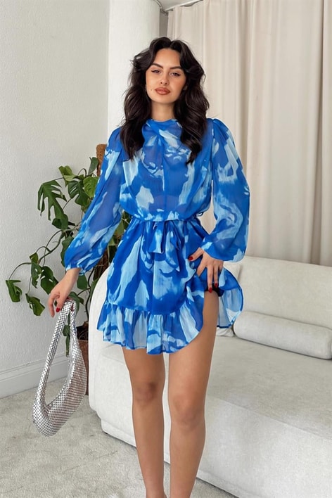 Batik Desen Kuşaklı Elbise Saks Mavisi